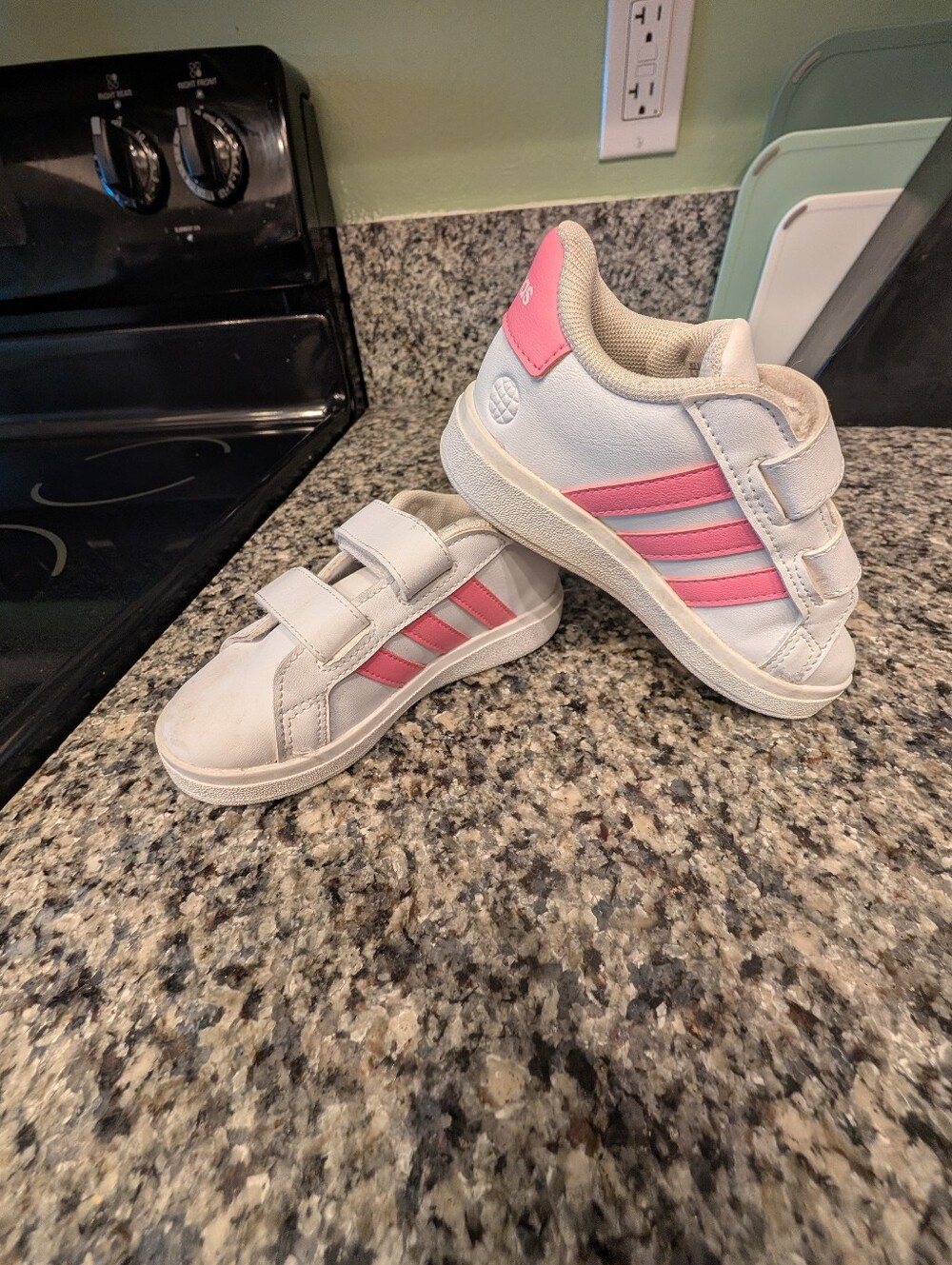 Girls White and Pink Adidas Velcro Minnie Sneakers